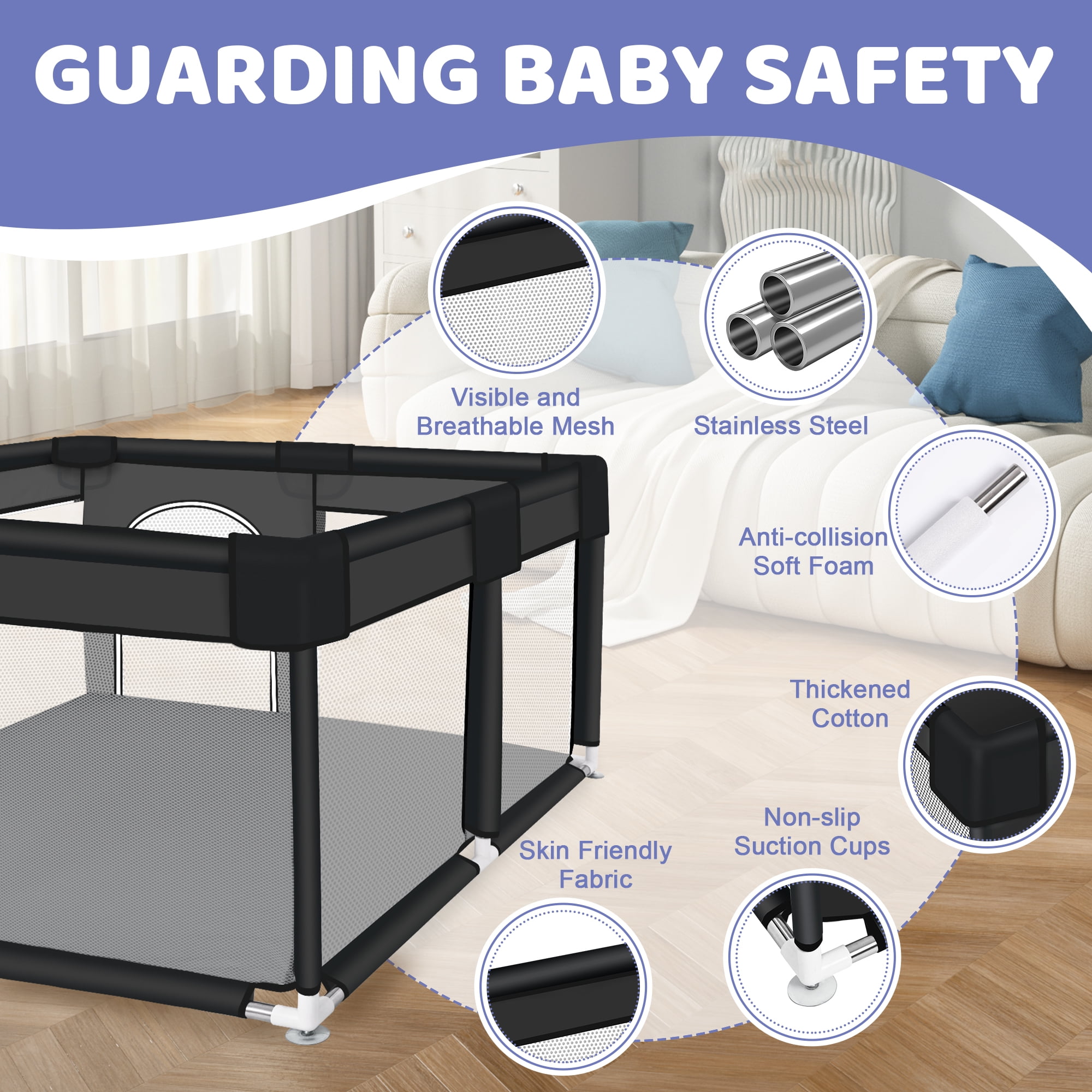Baby Playpen, HDJ 50*50 inch Baby Play Yard with Soft Breathable Mesh and Anti-Slip Base, Baby Fence Infant Playard for Boy and Girls, Black