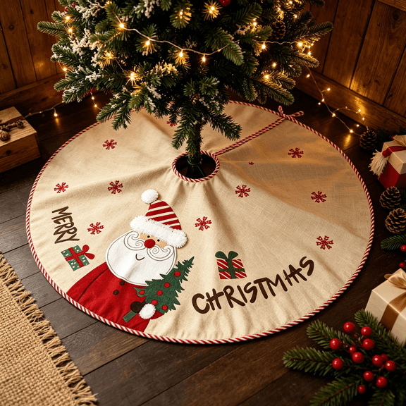 SINKOO Merry Christmas Tree Skirt 40 Inch, Rustic Burlap Fabric Farmhouse Decor, Perfect 4-6 ft Trees Compatibility,Rope Ties,Snowflake Santa Claus Print, for Indoor, Holiday, XMAS Decor