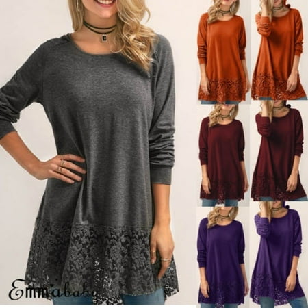 Lace Shift - US Plus Size Women Long Sleeve Loose Cotton Blouse Shirt Lace Tops T-shirt S-3XL