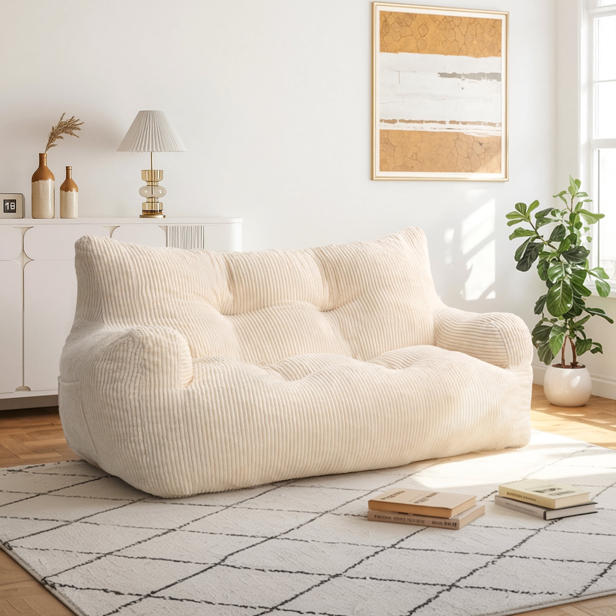 2-Person Foam Filled Bean Bag Chair, Plush Corduroy Lazy Sofa