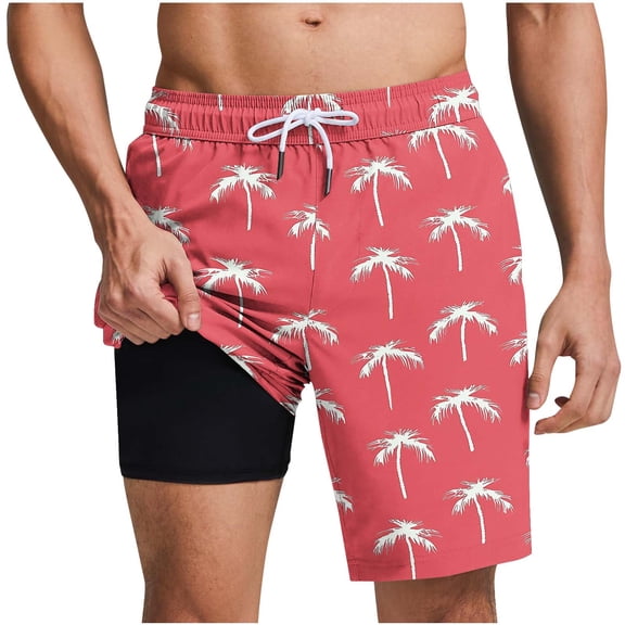 Cmfcv Men's Swim Trunks Trendy Summer Swim Shorts with Compression Liner Quick Dry Print Swim Suits Drawstring Elastic Waist Board Shorts with Pockets