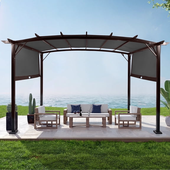 Ktaxon 12' x 9' Pergola Metal Dark Adjustable Shade Fabric Curved Top Folding Shed Dark Gray