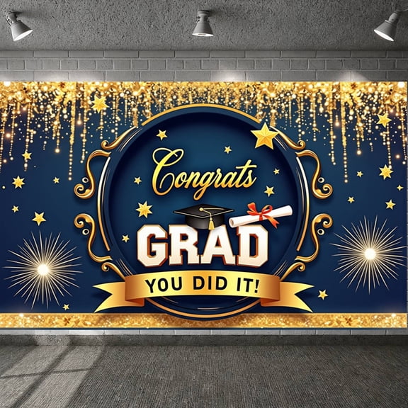 Navy Blue & Gold Congrats Grad Banner Golden Star Graduation Backdrop Glittery Graduation Display for Graduation Parties Campus Celebrations Photo Shoots