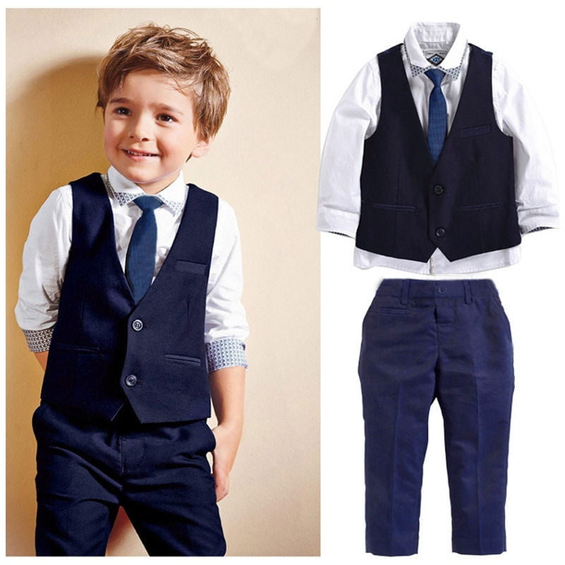 Boys Formal Suit Set 4Pcs Tuxedo Wedding Dresswear with Blazer Shirt Pants Bow Tie Birthday Party Outfit for Kids Baby