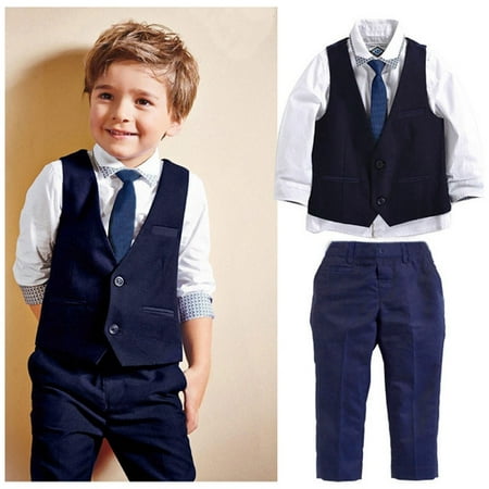 Fashion New Baby Kids Boys Suit Tops Shirt Waistcoat Tie Pants Formal Flower Boys 4PCS Outfits Clothes