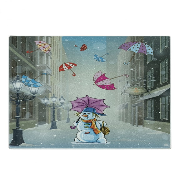 Winter Cutting Board, Childish Cartoon Image with Snowman and Colorful Umbreallas Between Buildings, Decorative Tempered Glass Cutting and Serving Board, in 3 Sizes, by Ambesonne