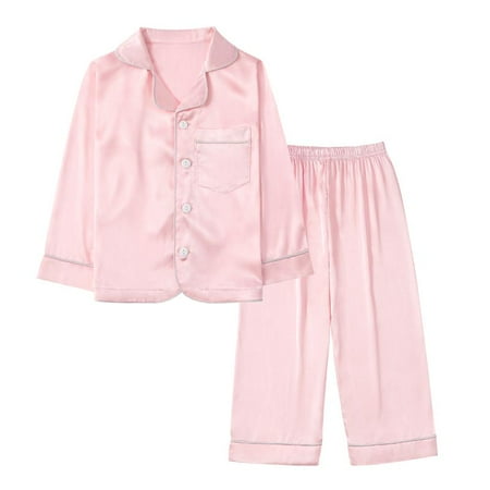 

Promotion!Toddler Kids Boy Girl Silk Satin Pajamas Loungewear Two-piece Sleepwear Button-Down Pj Set