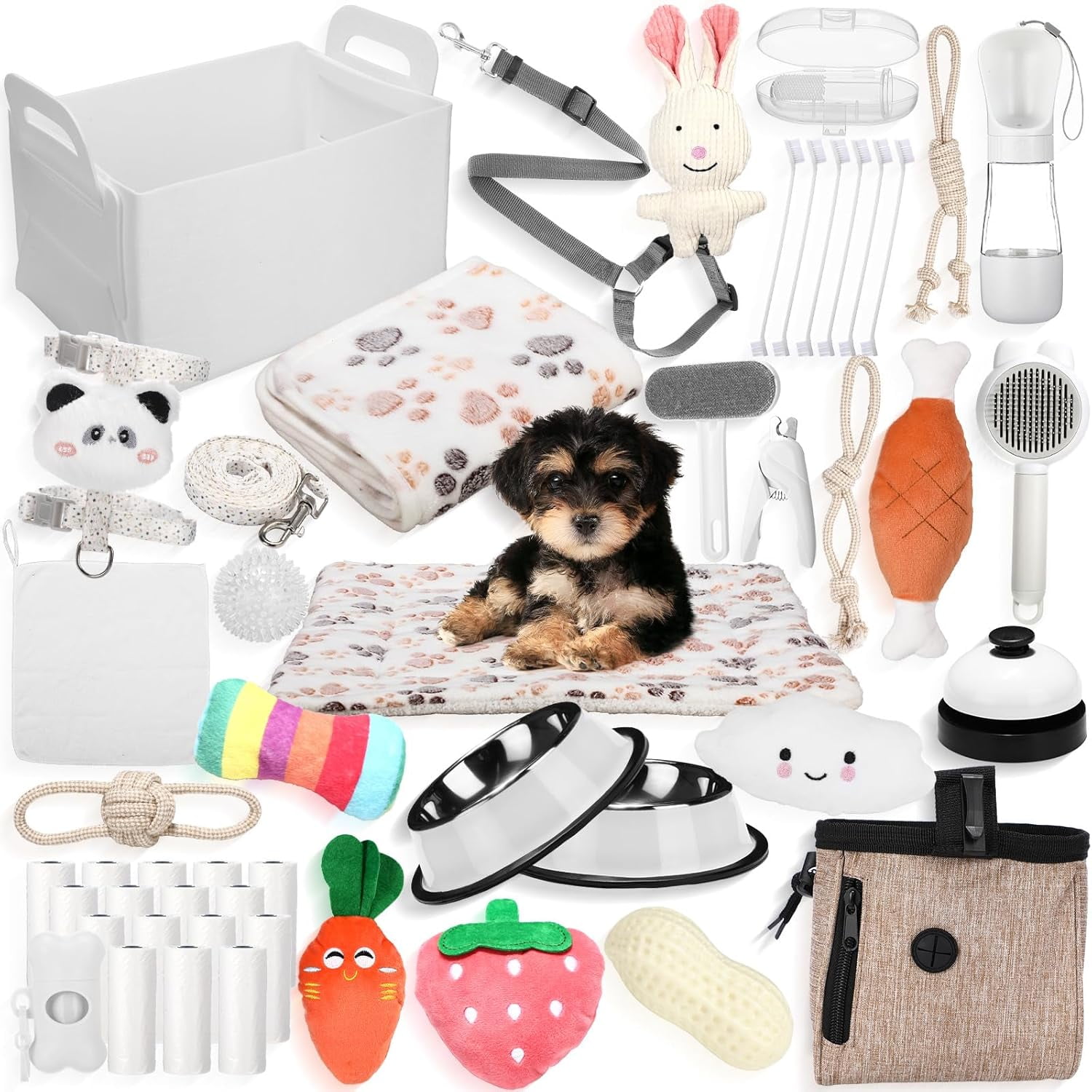 Puppy Supplies Starter Kit for Small Dogs with Leash Bowls Teeth Brushes Water Bottle and Accessories White