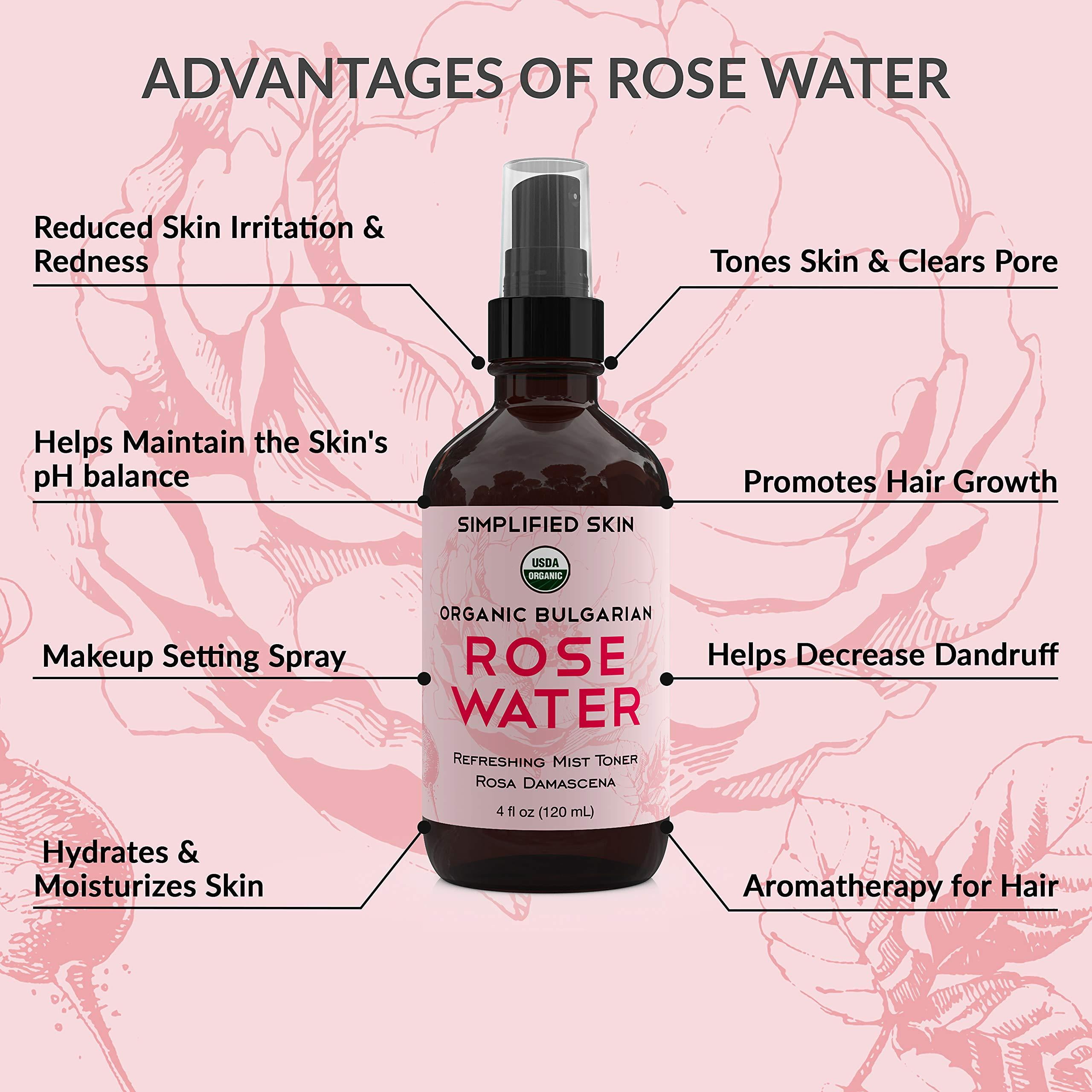 Rose Water for Face & Hair, USDA Certified Organic Facial Toner.  Alcohol-Free Makeup Setting Hydrating Spray Mist. 100% Natural Anti-Aging  Petal Rosewater by Simplified Skin (4 oz) 