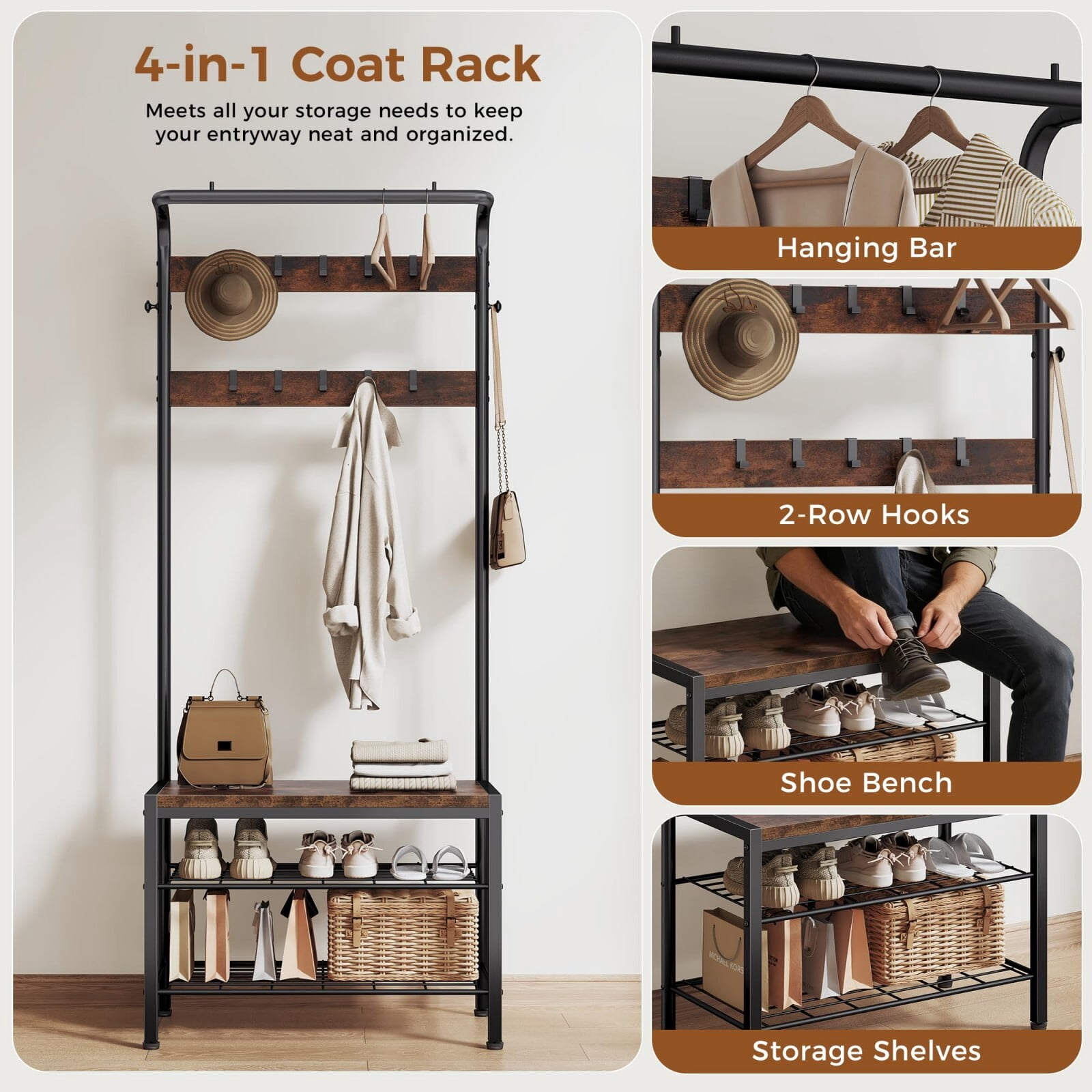 Kelno 72"x28" Hall Tree with Shoe Bench Industrial Entryway Coat Rack with Hanging Rod 10 Removable Hooks 2-Tier Shoe Storage, Drak Brown