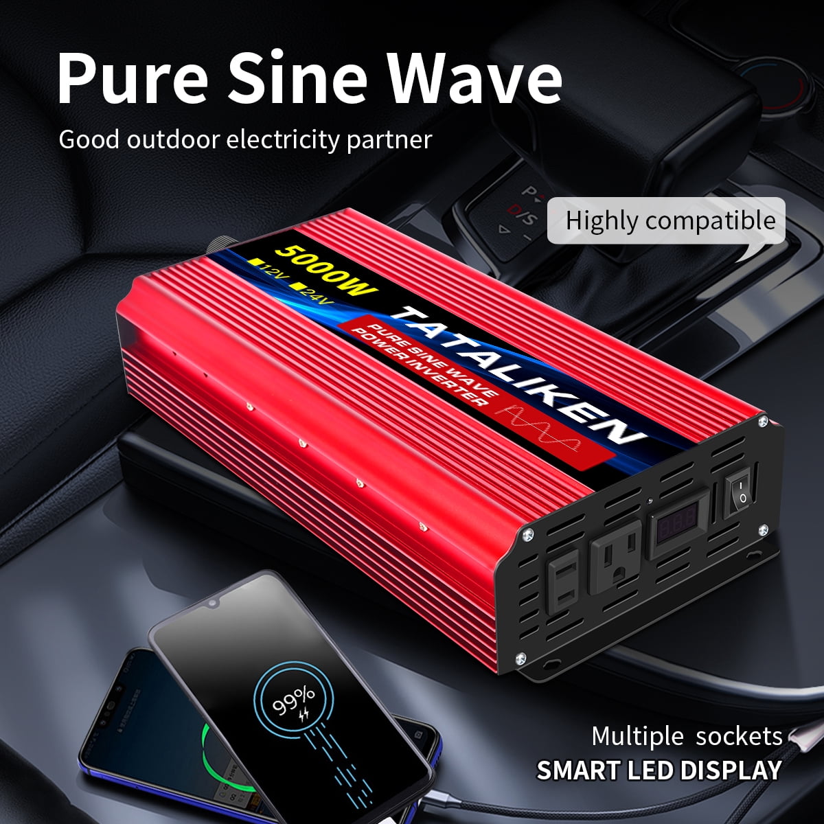 TATALIKEN 5000W（Rating power 2000 W）Pure Sine Wave Power Inverter DC 12V to AC 110V/120V Car Inverter with Battery Clamp Cable 2 AC Outlets for Power Tools Home Vehicles RV Truck, LCD Display Red