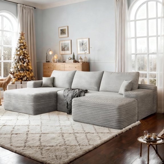Eyisean 107" W Corduroy Sectional Boneless Cloud Couch with Chaise & Ottoman, No Assembly Required, U Shaped Modular Sectional Sofa, Cozy Fluffy Sofa for Living Room