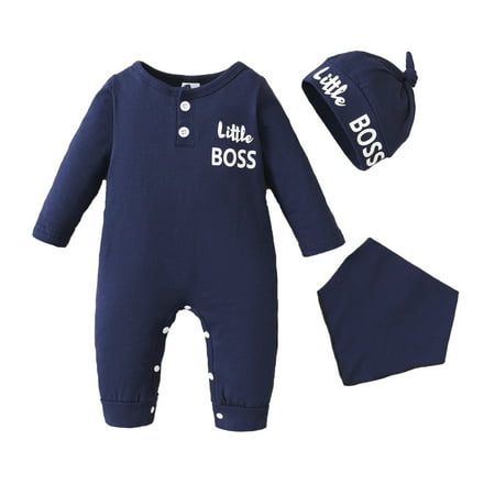 

Kucnuzki Baby Boy Winter Clothes 6 Months Baby Boys Casual Bodysuits 9 Months Long Sleeve Little BOSS Letter Prints Causal Cozy Bodysuits Hat 2PCS Set Blue