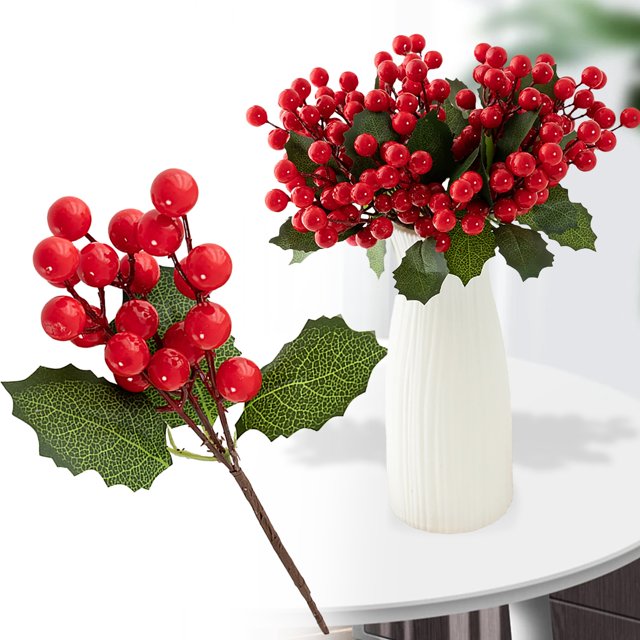 Ctnporpo Tiges de Baies Rouges Artificielles avec Feuilles Vertes, Pics de Baies de Noël Réalistes pour Couronne Maison, Bricolage, Arbres de Noël, Centres de Table de Mariage, Fausses Fleurs