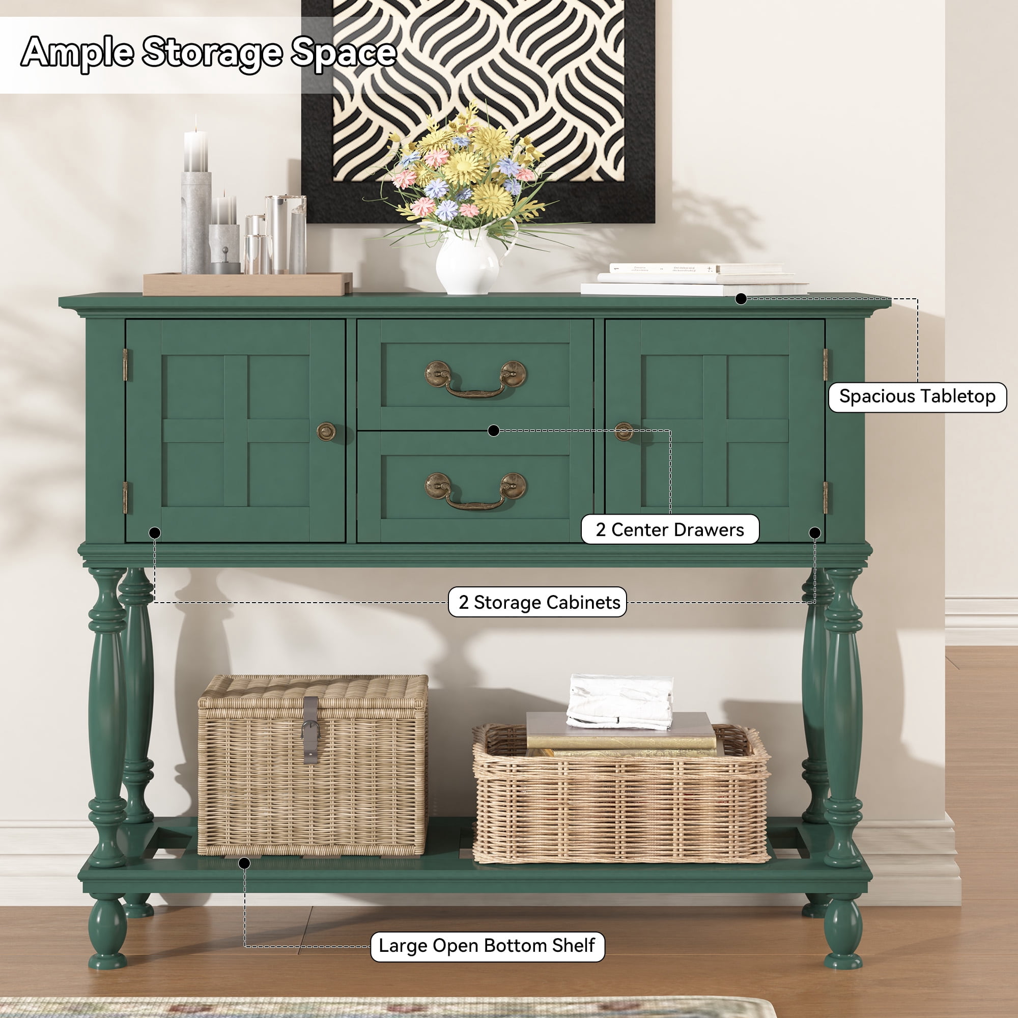 ZOSQUARE 42" Green Console Table with Storage Cabinet, Entryway Table with Turned Legs and Bottom Shelf, Vintage Sofa Table Behind Couch for Living Room
