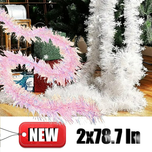 KOYPTL 79In Christmas Tree Garland with Snowflakes,White & Pink Christmas Tinsel Garlands Decorations,Metallic Shiny Twist Garland Hanging Ornaments for Mantle Stairs Railing Xmas Tree Holiday Party