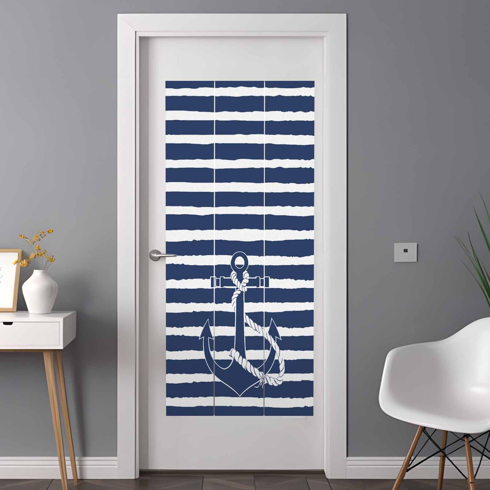 Nautical Window Privacy Film Navy Blue and White Striped Retro Anchor Decorative Glass Window Film UV Blocking Static Cling Non-Adhesive Sticker Covering for Home Door 35.4x78.7 inches