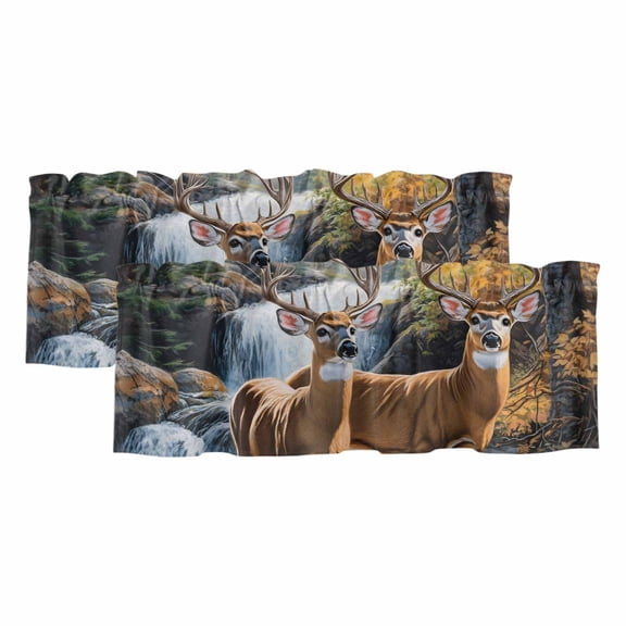 Nature Forest Window Valance, Scenery Animal Deer Waterfall Plant 2 Pack Decorative Curtain for Small Windows, Light Filtering Valance with 3” Rod Pocket, 60"W x 18"L