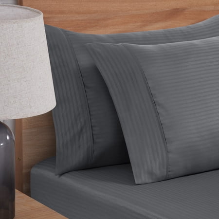 MAINSTAYS SUPER SOFT BRUSHED MICROFIBER BED SHEET SET, SOOTHING GRAY EMBOSSED STRIPE, QUEEN, 4 PIECE