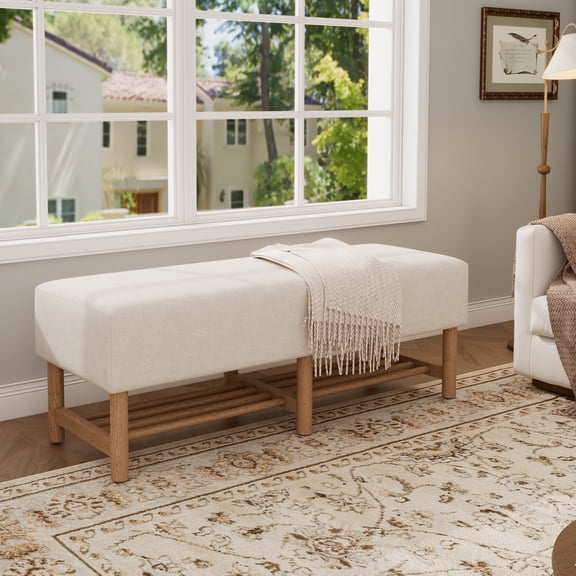 Christopher Knight Home 48.75" Rectangular Ottoman Bench with Open Storage Shelf, Linen Fabric, Beige