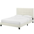 thumbnail image 1 of Contemporary Modern Urban Designer Bedroom Queen Size Platform Bed Frame, Velvet Fabric, Ivory White, 1 of 5