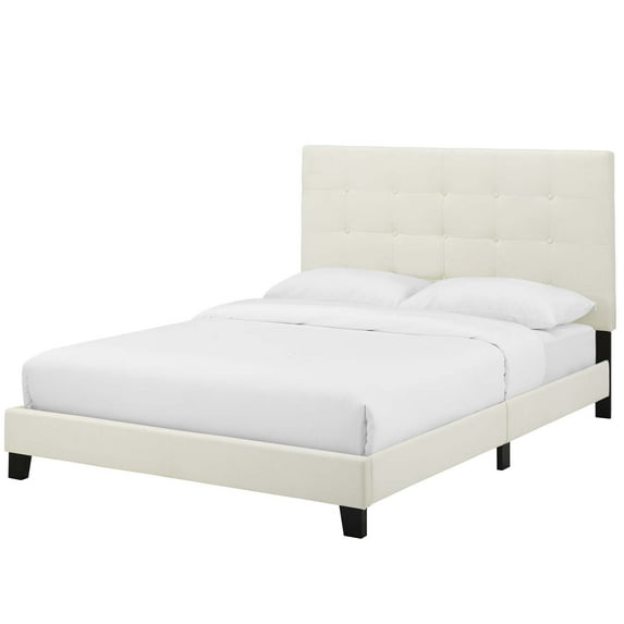 Contemporary Modern Urban Designer Bedroom Queen Size Platform Bed Frame, Velvet Fabric, Ivory White