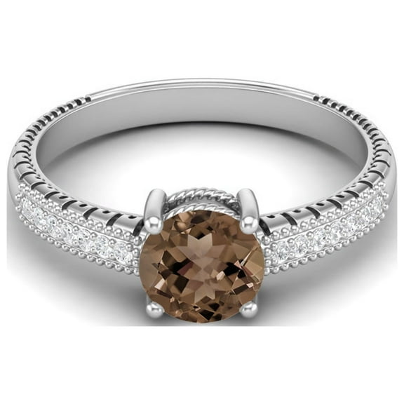 0.97 Ctw Round Smoky Quartz 925 Sterling Silver Solitaire Valentines Day Gifts Ring