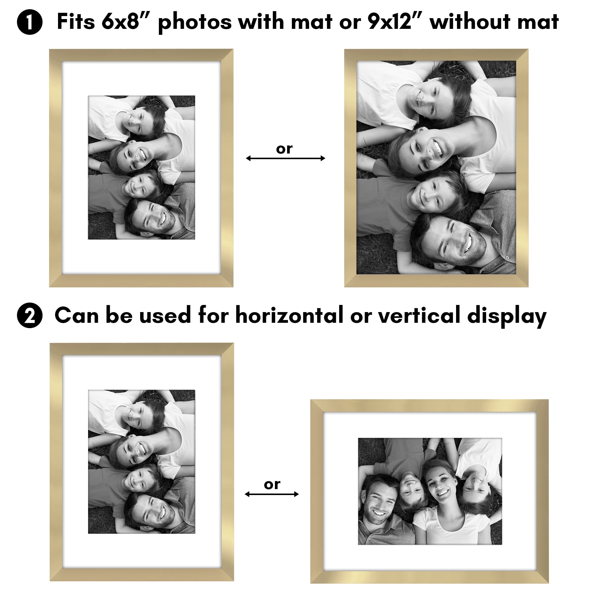 Americanflat 9x12 Picture Frame with Polished Plexiglass with 6x8 Mat 5 Pack Display Photo Galleria - Gold