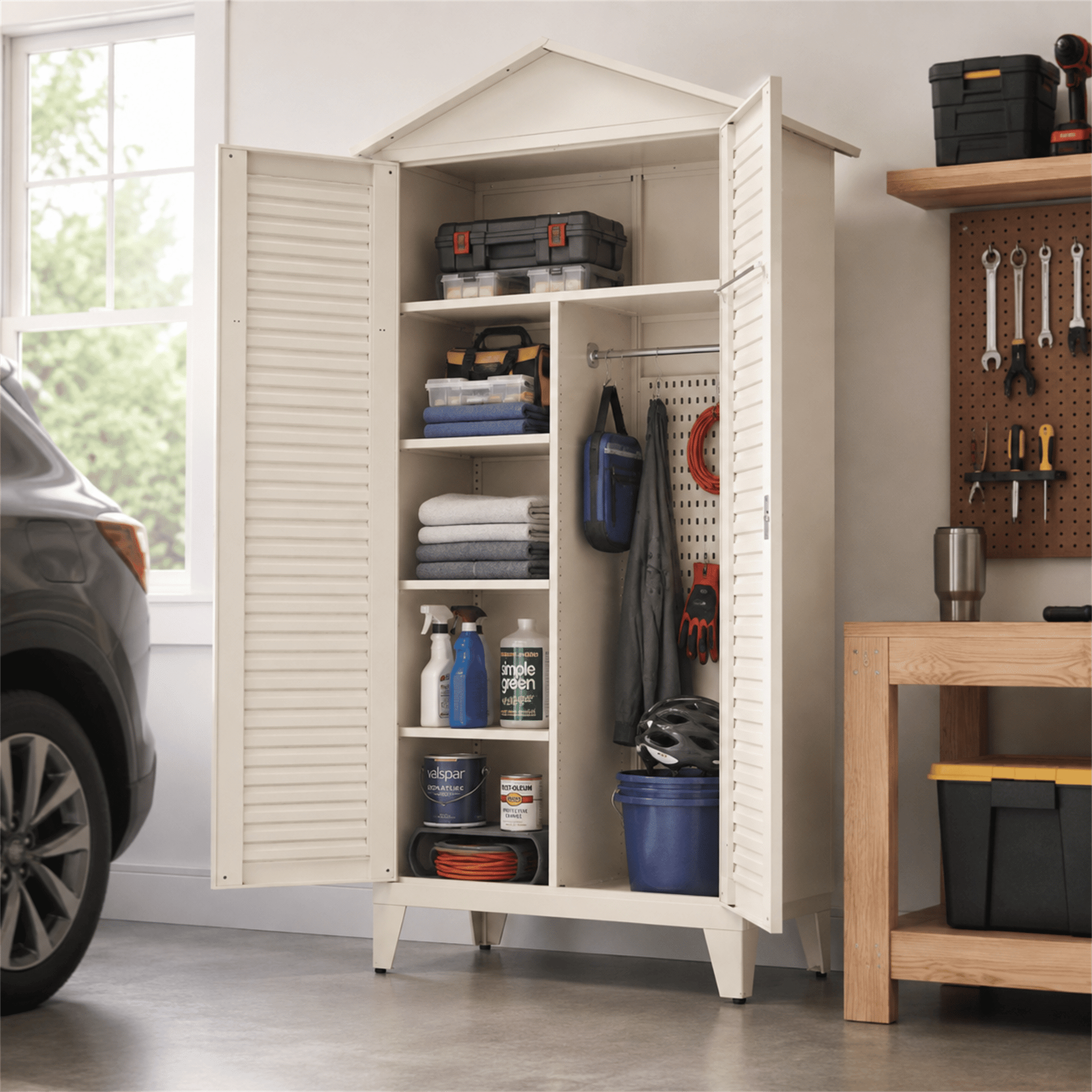 Homy Casa 79" Garage Cabinet, Pegboard, Adjustable Shelves, Locking Louvered Doors, Cream White