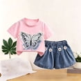 thumbnail image 4 of Cethrio Girls Cotton Outfit Sets Size 6, Short Sleeve 2 Piece Printed T-shirts and Denim Shorts Sets Pink, 4 of 5
