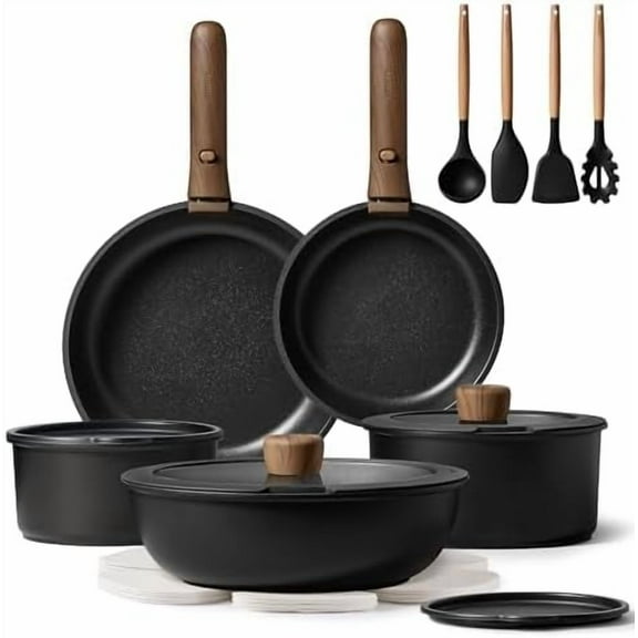 19pcs Pots and Pans Non Stick, Cookware Sets Detachable Handle, Induction Kitchen Pots and Pans,NonStick Cooking Set, Oven/Dishwasher/Fridge Safe, Space Saving