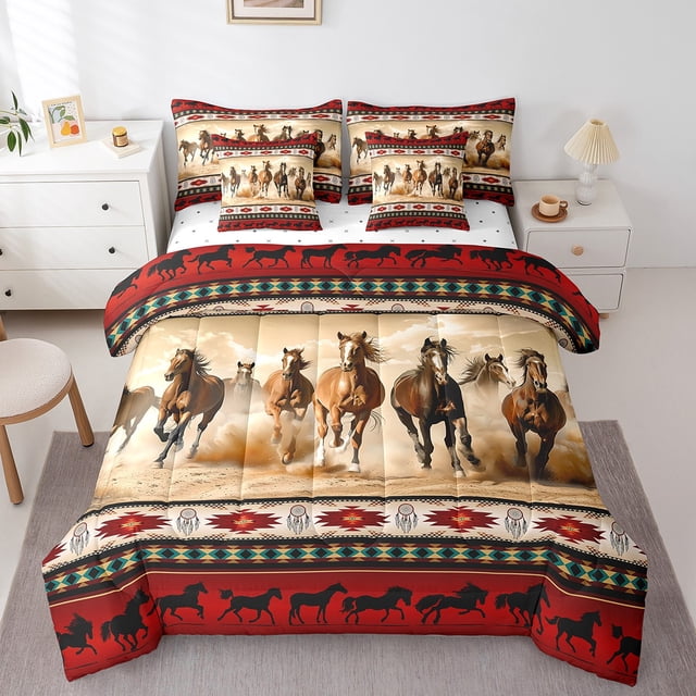 Ensemble de Literie Tout-en-un pour Lit Grand 7 Pcs, Ensembles de Literie Rouges Style Sud-Ouest Aztèque, Ensemble de Draps Style Ferme Faune Indienne Tribale Géométrie avec Couette, Ensemble de Lit Attrape-Rêves Bohème