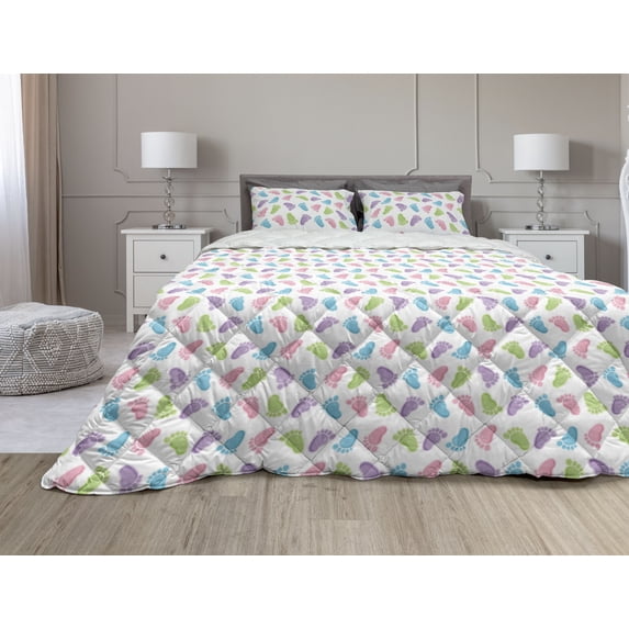 Cartoon Comforter & Sham Bedding Set, Footprints Pattern in Many Tones Abstract Design Feet Seamless Illustration, 3 pcs Duvet Set Microfiber Filling Quilt, 5 Sizes, Multicolor, by Ambesonne