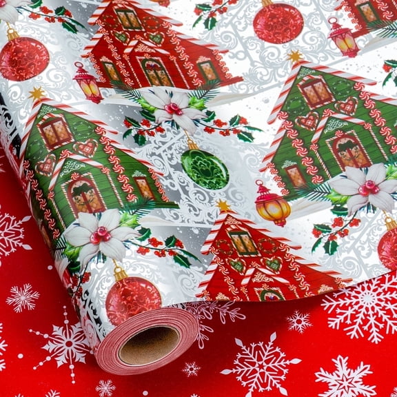 HOMERAL Silver Christmas Wrapping Paper Roll - Gift Wrap with Christmas Cottages, Christmas Trees and Snowflakes - Perfect for Christmas - 17 Inch X 33 Feet