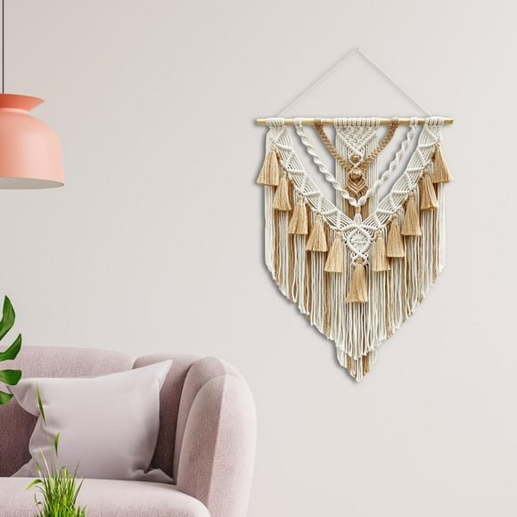 Tapiz de macramé elegante, colgante de borlas tejidas a mano bohemias, adorno de flecos para colgar en la pared para decoración de habitación de bebé, perfecl Macramé Tela decorativa