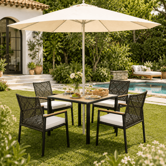 5-Piece Patio Dining Set, All-Weather Rattan Outdoor Furniture Set with Acacia Wood Tabletop, Umbrella Hole and Cushioned Chairs, Coffee Brown