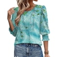thumbnail image 4 of Jsaierl 3/4 Length Sleeve Womens Tops Casual Round Neck Shirts Boho Print Petite Blouses Classic Loose Fit Tunic Top S-2XL, 4 of 5