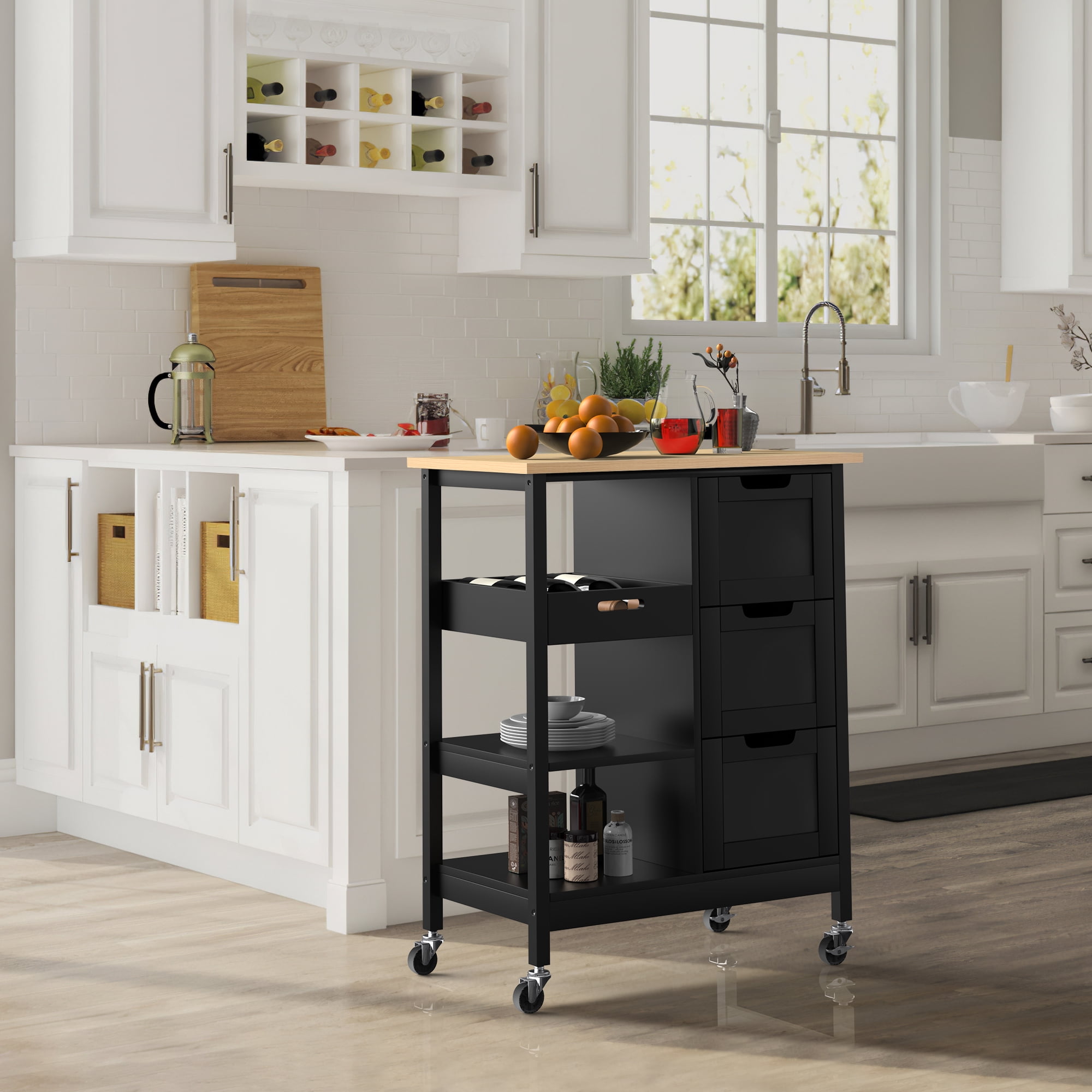 Black Kitchen Island on Wheels Kitchen Cart with Cabinet 3-Layer Shelves Wood Countertop Mobile Storage Islands