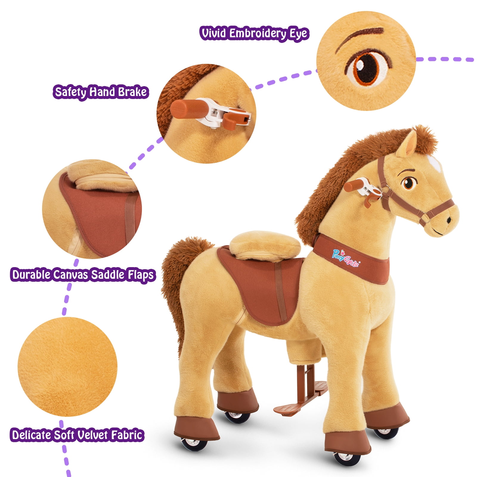 PonyCycle Kid-Powered Ride-On Horse Toy, No Battery, Hand Brake, Ages 3–4, Light Brown, E336