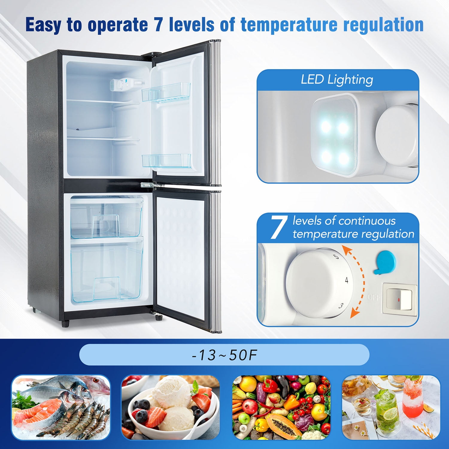 Kadyn 3.6Cu.Ft Dual Zone Refrigerator, 2.2+1.4Cu.Ft 4 Star Freezer, 7 Temperature Settings, 45 dB, Brushed Gray Silver, LED Lighting, Adjustable Shelves, 166kWh/Year, Black Kadyn 3.6Cu.Ft Dual Zone Refrigerator, 2.2+1.4Cu.Ft 4 Star Freezer, 7 Temperature Settings, 45 dB, Brushed Gray Silver, LED Lighting, Adjustable Shelves, 166kWh/Year, Black