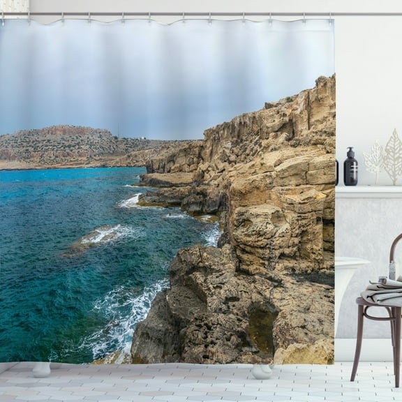 Cyprus Shower Curtain, Landscape Image of Rocky Coastal Cliff Near Mediterranean Sea and Cloudy Sky, Fabric Bathroom Set with Hooks, 69W X 75L Inches Long, Multicolor, by Ambesonne