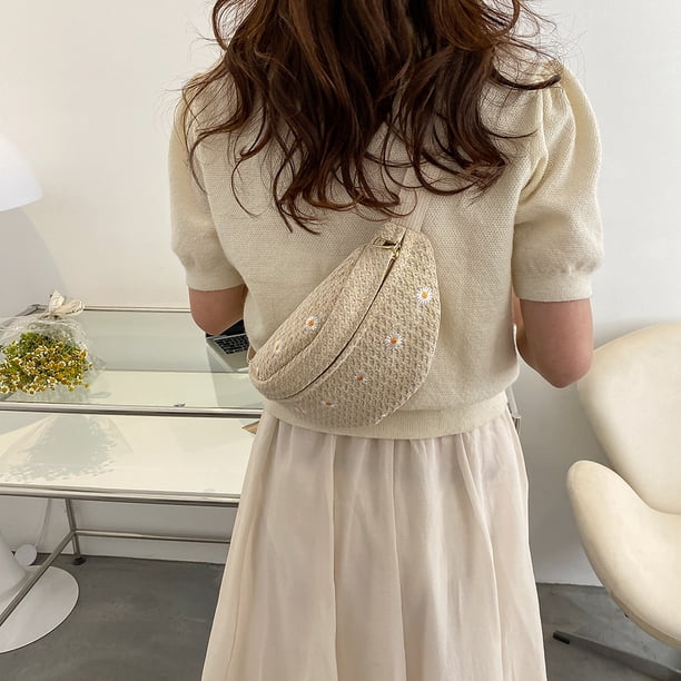 Bolso de pecho de paja para mujer, Bolso de hombro tipo bandolera con flores de margaritas (caqui)