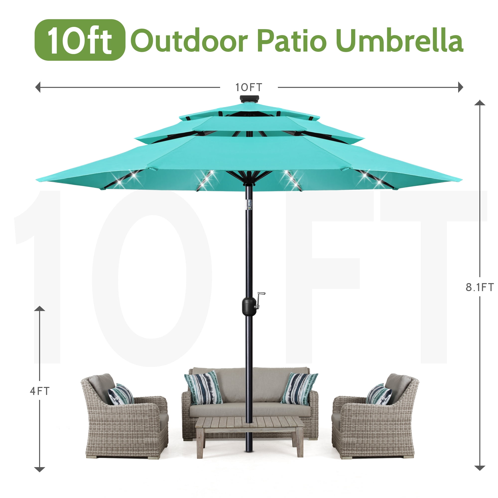 Scafild | 10ft Outdoor Patio Umbrellas with Solar Lights, 3 Tier Vented Large Market Table Umbrella with 8 Sturdy Ribs & 1.5" Pole UV Protection for Garden Deck Backyard Pool - Peacock Blue