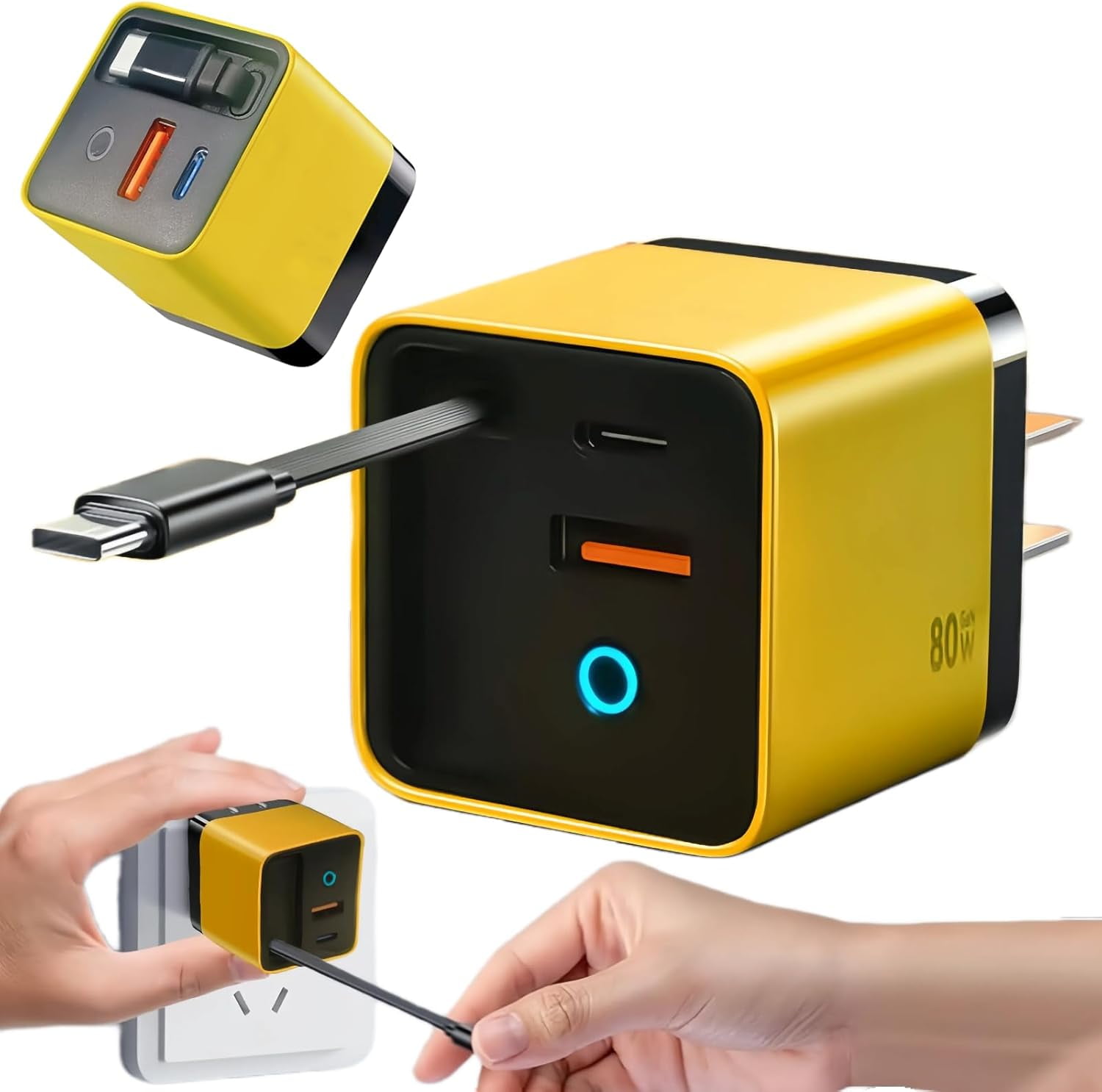 RGHJAR-3 in 1 GaN Charger,80w Fast Charger Adapter with Type-C Cable & 2 USB Ports,Multi-Functional Retractable All in one Charger for Phone,Tablets,laptops (Yellow)