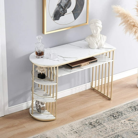 ivinta Console Table with Storage Shelves, Narrow Entraway Table for Hallways, and Living Rooms, Entrance, 2256 (White and Gold)