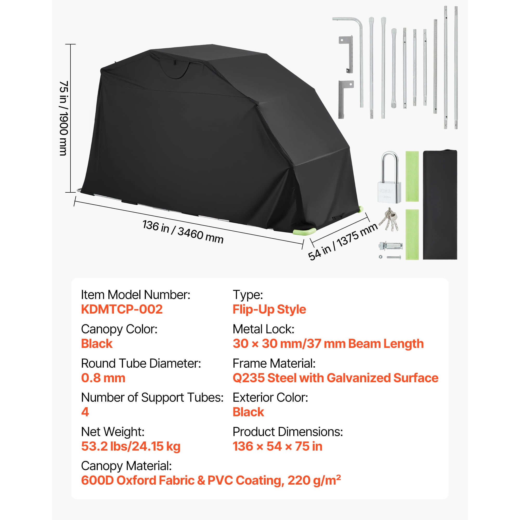 KFFKFF Motorcycle Storage Shelter with Security Lock, 600D Oxford Flip-Up Garage Tent, Durable All-Weather Cover with Ventilation Windows, 136x54x75 in Outdoor Vehicle Shelter, Black
