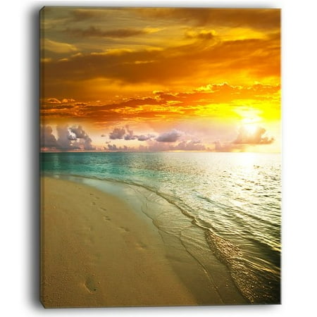 Design Art Amazingly Colorful Beach with Footprints - Seashore Photographic Print on Wrapped