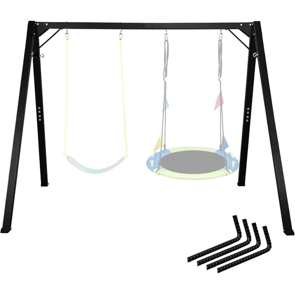 Funseek Heavy-Duty Metal Swing Set Frame, Outdoor A-Frame Swing Stand with 4 Hanging Hooks, 440 lbs Capacity for Kids Adults Backyard Playground, Black