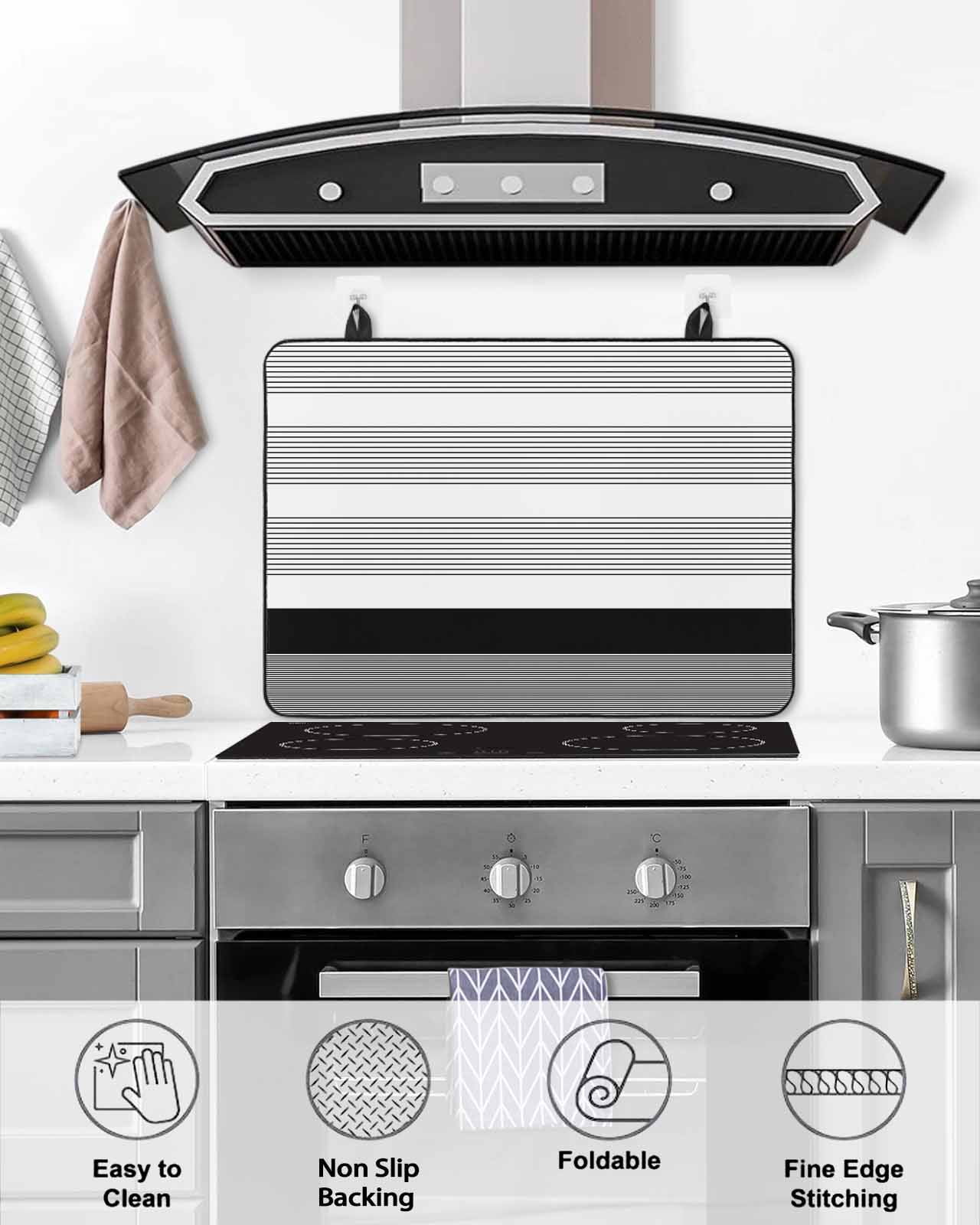 nqOlkjepod Large Induction Cooktop Protector Mat 24"x21", Black Stripe Stove Top Covers for Electric Stove, Modern Rustic Horizontal Black Striped Stove Burner Cover Mats, Glass Top Stove Cover