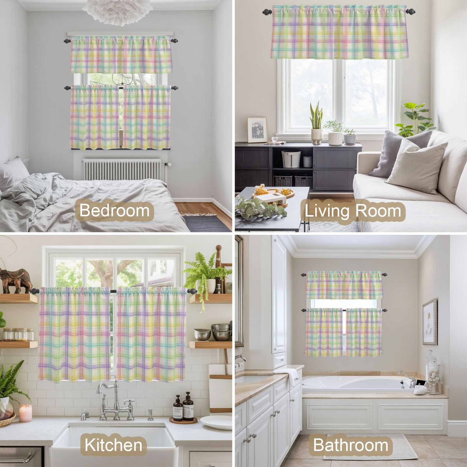 3 Piece Rainbow Plaid Kitchen Curtain Valance and Tiers Set Yellow Pink Blue Green Purple Plaid Linen Texture Rod Pocket Tier Curtain 36 Inch Small Window Drapes for Living Room Bedroom Cafe Decor